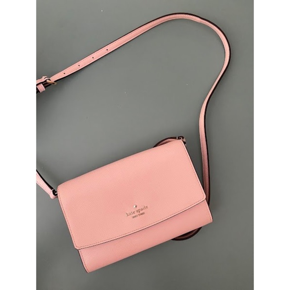 Kate Spade Pink Saffiano Leather Crossbody Wallet Bag Clutch Gold Logo - Picture 5 of 11